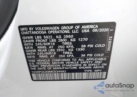 2021 Volkswagen Atlas 2.0T Se from USA, damaged, VIN 1V2DP2CA9MC534582